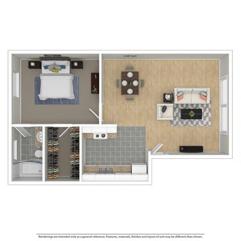 Floor plan for 1 bed, 1 bath, 625 sqft
